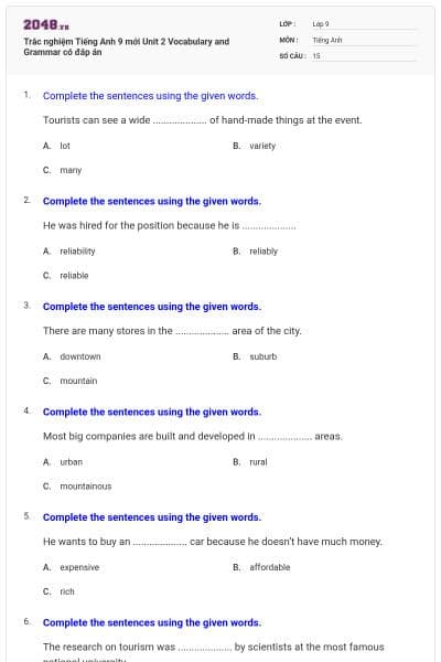 Trắc nghiệm Tiếng Anh 9 mới Unit 2 Vocabulary and Grammar có đáp án