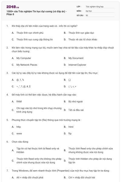 1000+ câu Trắc nghiệm Tin học đại cương (có đáp án) - Phần 8