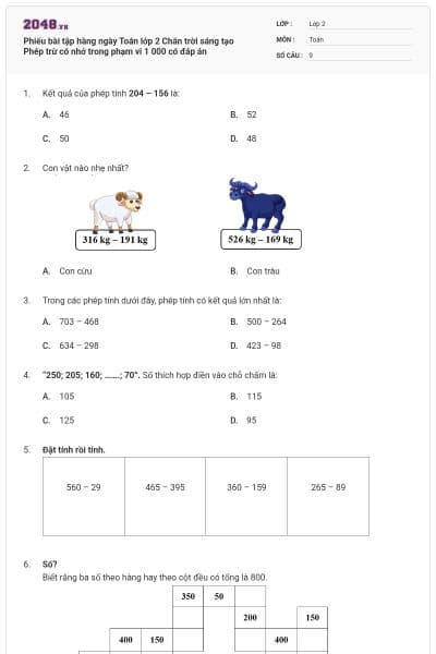 Phiếu bài tập hàng ngày Toán lớp 2 Chân trời sáng tạo Phép trừ có nhớ trong phạm vi 1 000 có đáp án
