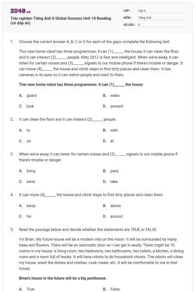 Trắc nghiệm Tiếng Anh 6 Global Success Unit 10 Reading (có đáp án)