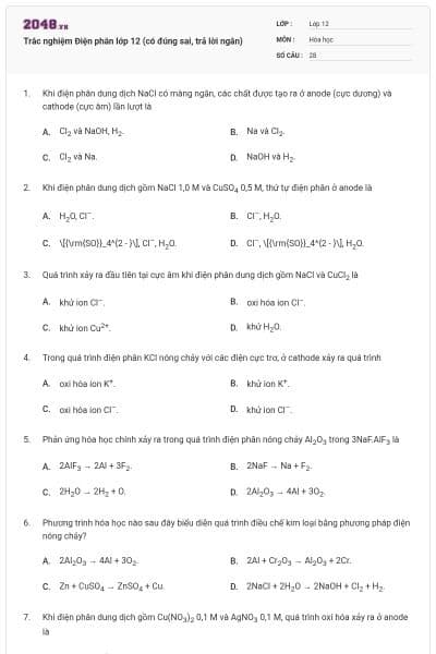 Trắc nghiệm Điện phân lớp 12 (có đúng sai, trả lời ngắn)