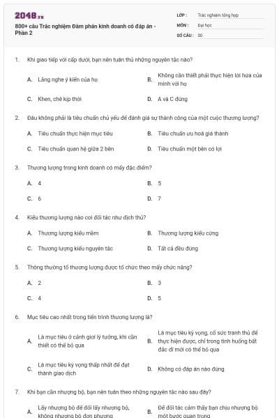 800+ câu Trắc nghiệm Đàm phán kinh doanh có đáp án - Phần 2