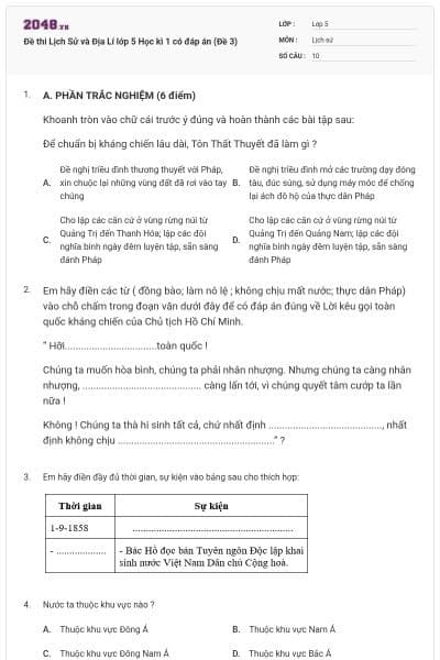 Đề thi Lịch Sử và Địa Lí lớp 5 Học kì 1 có đáp án (Đề 3)