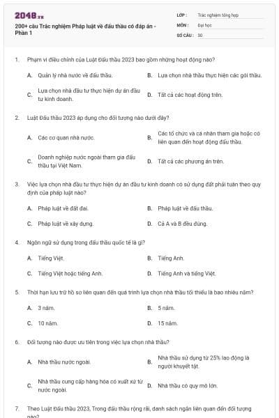 200+ câu Trắc nghiệm Pháp luật về đấu thầu có đáp án - Phần 1