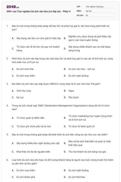 300+ câu Trắc nghiệm Du lịch văn hóa (có đáp án) - Phần 4