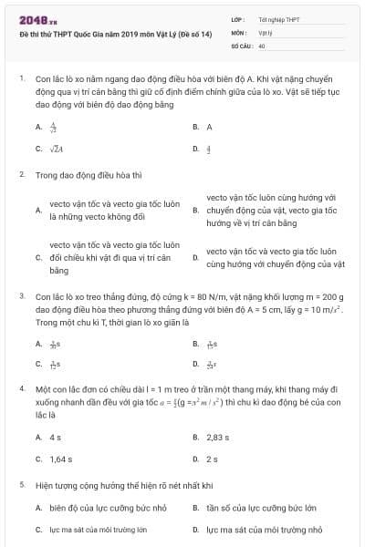 Đề thi thử THPT Quốc Gia năm 2019 môn Vật Lý (Đề số 14)
