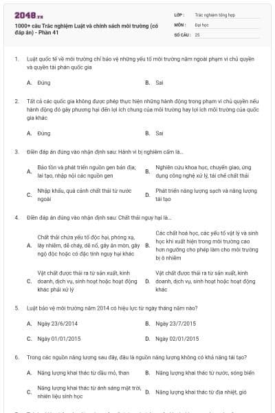 1000+ câu Trắc nghiệm Luật và chính sách môi trường (có đáp án) - Phần 41