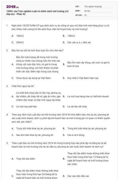 1000+ câu Trắc nghiệm Luật và chính sách môi trường (có đáp án) - Phần 42