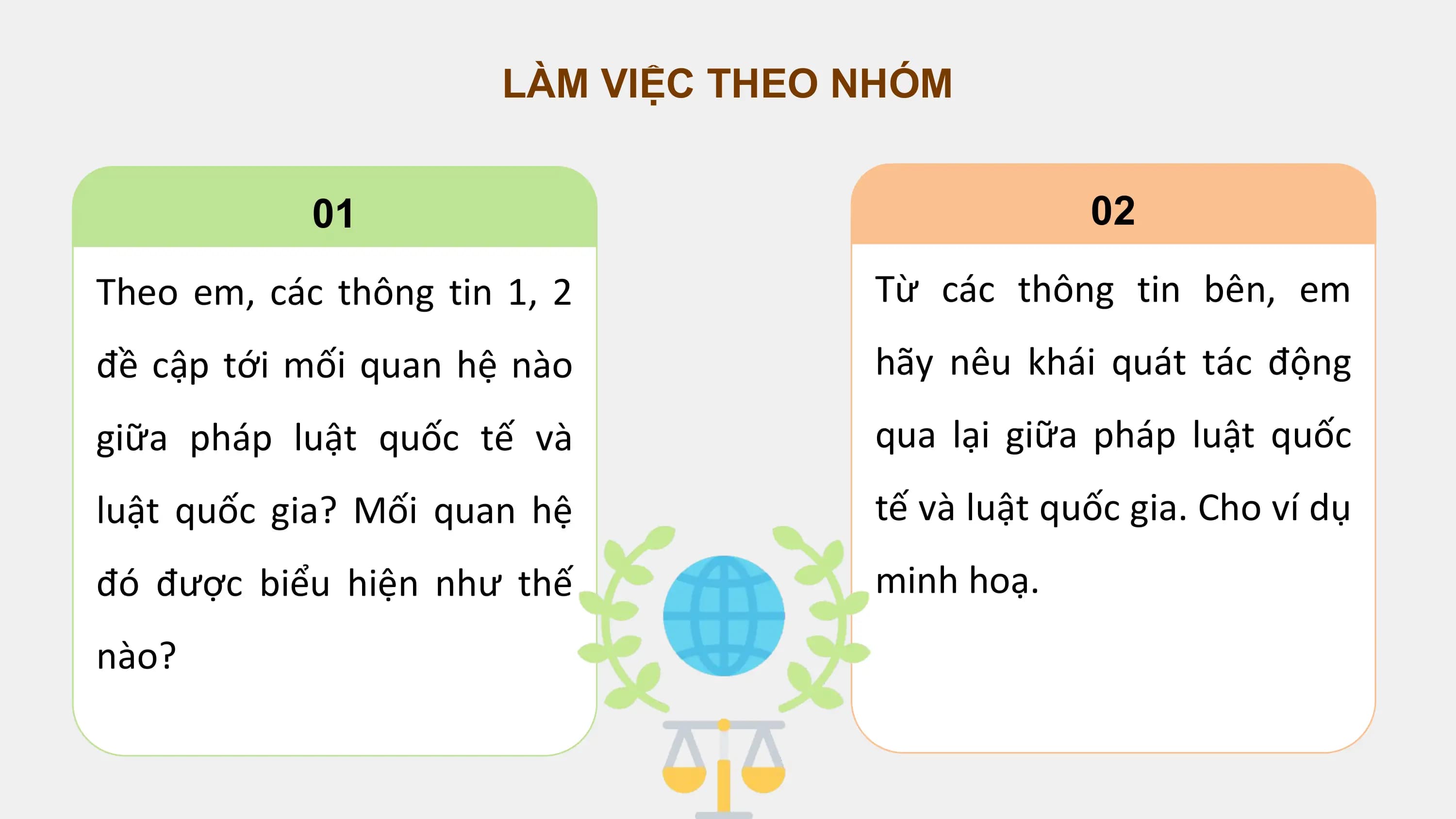 LÀM VIỆC THEO NHÓM

 01 02
Theo em, các thông tin 1, 2 Từ các thông tin bên, em
đề cập tới mối quan hệ nào hãy nêu khái quát tác động
giữa pháp luật quốc tế và qua lại giữa pháp luật quốc
luật quốc gia? Mối quan hệ tế và luật quốc gia. Cho ví dụ
đó được biểu hiện như thế minh hoạ.
nào?