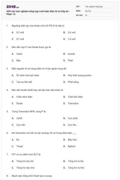 450 câu trắc nghiệm tổng hợp Linh kiện điện tử có đáp án - Phần 13