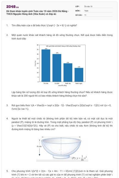 Đề tham khảo tuyển sinh Toán vào 10 năm 2026 Đà Nẵng - THCS Nguyễn Hồng Ánh (Hòa Xuân) có đáp án