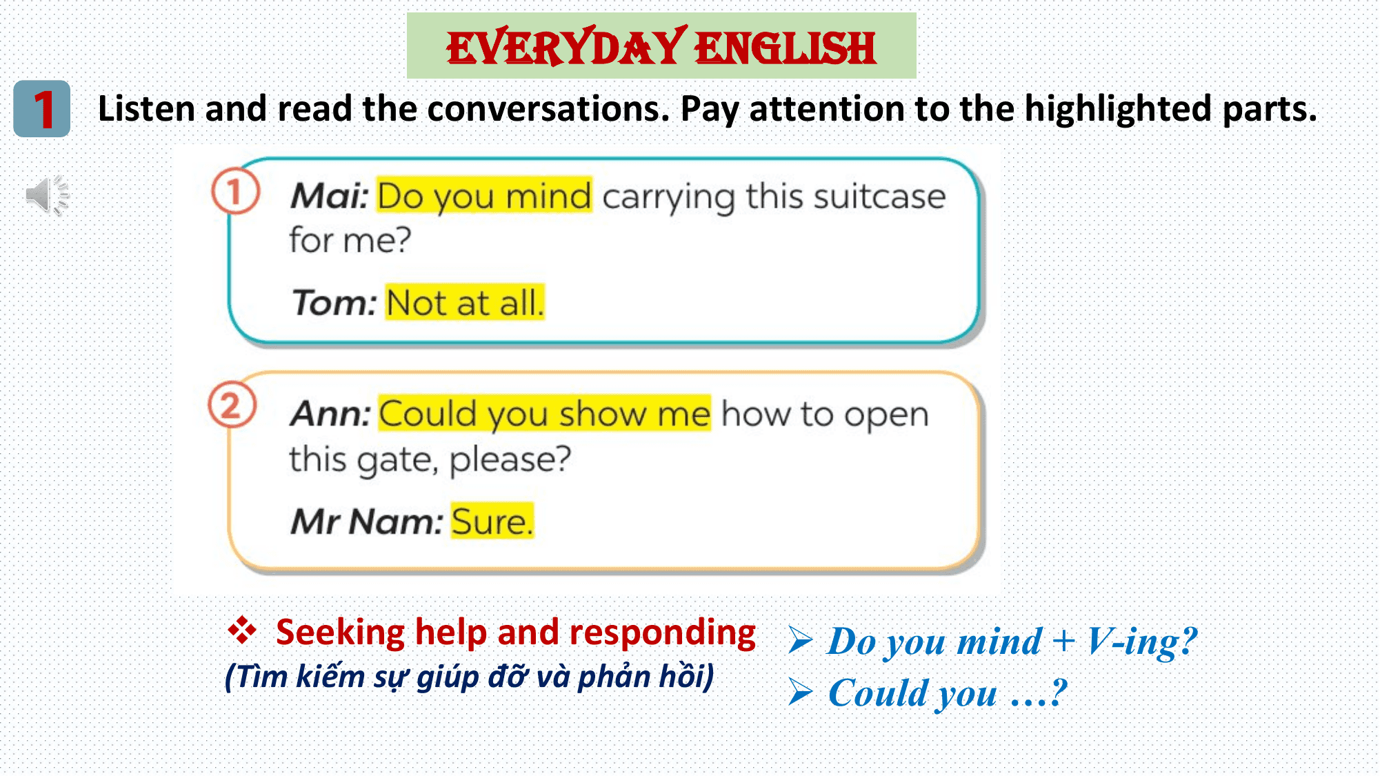 EVERYDAY ENGLISH
1 Listen and read the conversations. Pay attention to the highlighted parts.

 v Seeking help and responding Ø Do you mind + V-ing?
 (Tìm kiếm sự giúp đỡ và phản hồi)
 Ø Could you …?