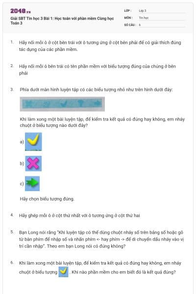 Giải SBT Tin học 3 Bài 1: Học toán với phần mềm Cùng học Toán 3