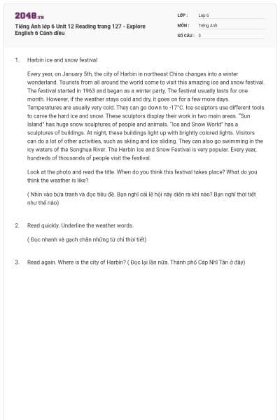 Tiếng Anh lớp 6 Unit 12 Reading trang 127 - Explore English 6 Cánh diều