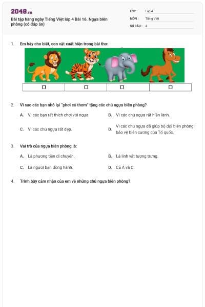Bài tập hàng ngày Tiếng Việt lớp 4 Bài 16. Ngựa biên phòng (có đáp án)