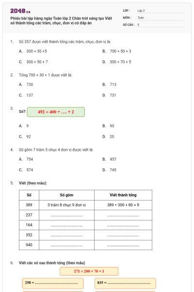 Phiếu bài tập hàng ngày Toán lớp 2 Chân trời sáng tạo Viết số thành tổng các trăm, chục, đơn vị có đáp án