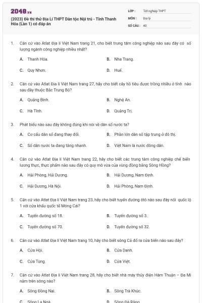 (2023) Đề thi thử Địa Lí THPT Dân tộc Nội trú - Tỉnh Thanh Hóa (Lần 1) có đáp án