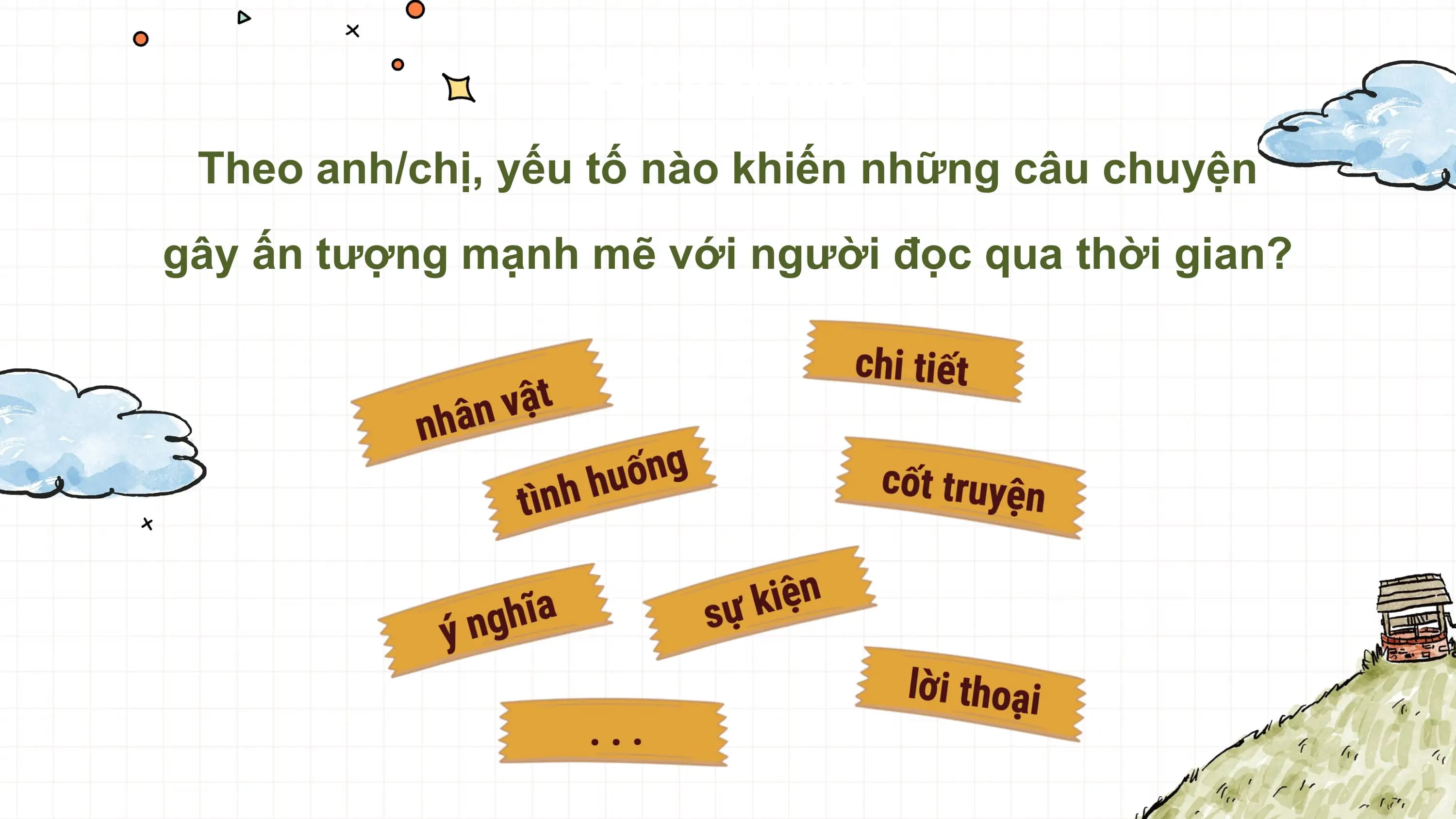 KHỞI ĐỘNG
 Theo anh/chị, yếu tố nào khiến những câu chuyện
gây ấn tượng mạnh mẽ với người đọc qua thời gian?