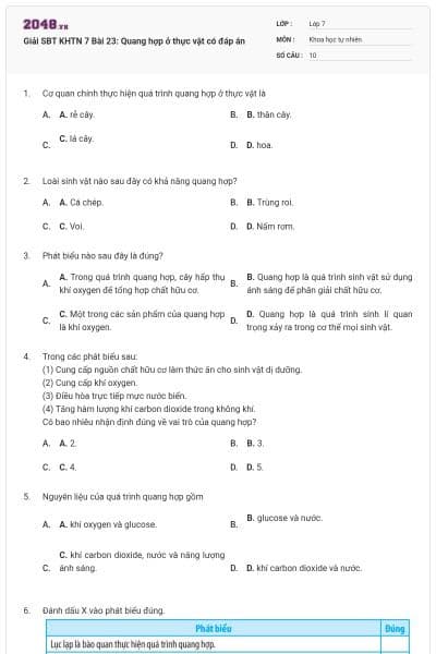 Giải SBT KHTN 7 Bài 23: Quang hợp ở thực vật có đáp án