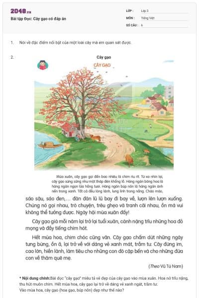 Bài tập Đọc: Cây gạo có đáp án