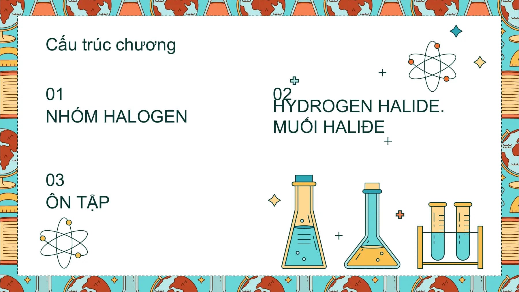 Cấu trúc chương

01 02
 HYDROGEN HALIDE.
NHÓM HALOGEN
 MUỐI HALIĐE

03
ÔN TẬP