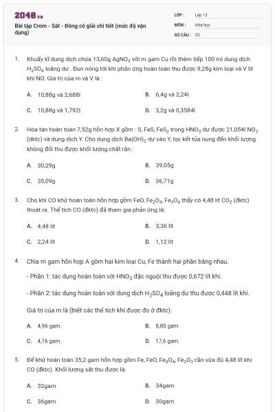Bài tập Crom - Sắt - Đồng có giải chi tiết (mức độ vận dụng)