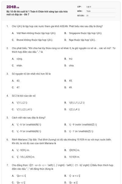 Bộ 10 đề thi cuối kì 1 Toán 6 Chân trời sáng tạo cấu trúc mới có đáp án - Đề 7