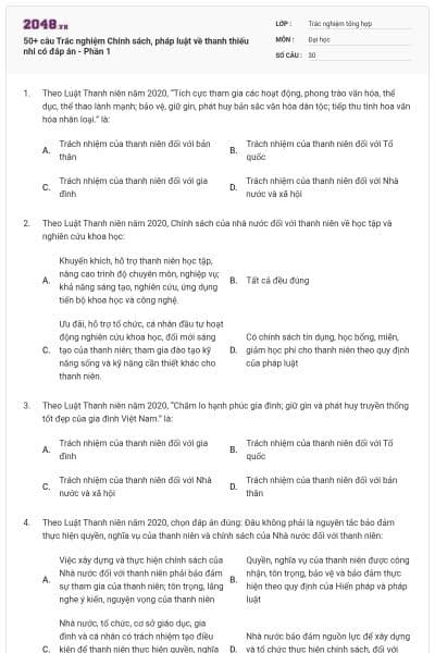 50+ câu Trắc nghiệm Chính sách, pháp luật về thanh thiếu nhi có đáp án - Phần 1
