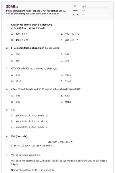 Phiếu bài tập hàng ngày Toán lớp 2 Kết nối tri thức Bài 52. Viết số thành tổng các trăm, chục, đơn vị có đáp án
