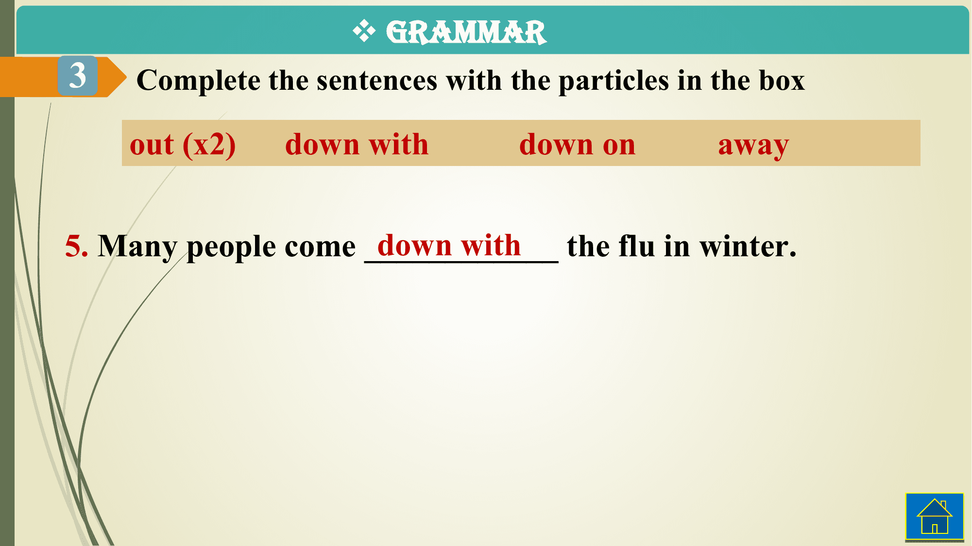 v GRAMMAR
3 Complete the sentences with the particles in the box

 out (x2) down with down on away

 down with the flu in winter.
5. Many people come ____________