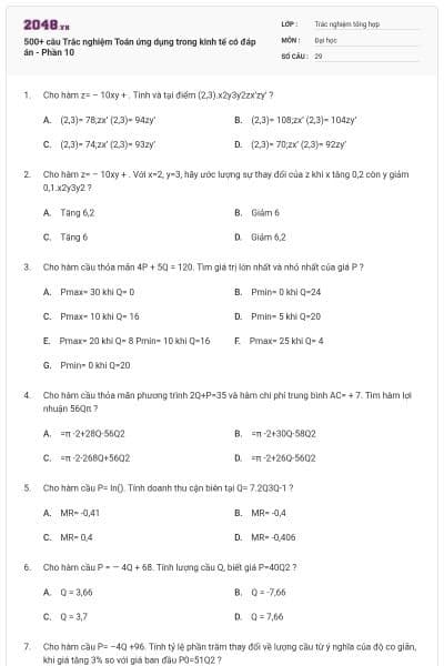 500+ câu Trắc nghiệm Toán ứng dụng trong kinh tế có đáp án - Phần 10