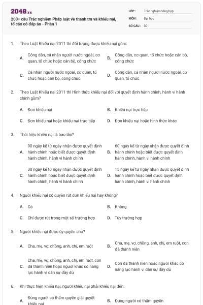 200+ câu Trắc nghiệm Pháp luật về thanh tra và khiếu nại, tố cáo có đáp án - Phần 1
