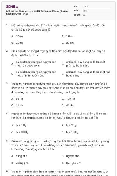 615 bài tập Sóng cơ trong đề thi Đai học có lời giải ( trường không chuyên - P13)