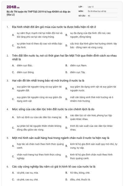 Bộ đề TN luyện thi THPTQG 2019 tổ hợp KHXH có đáp án (Địa Lí)