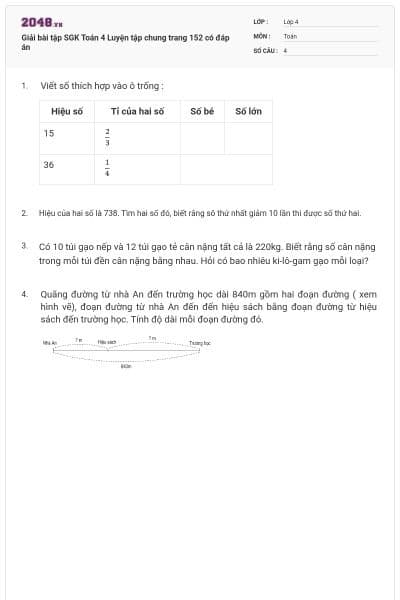 Giải bài tập SGK Toán 4 Luyện tập chung trang 152 có đáp án