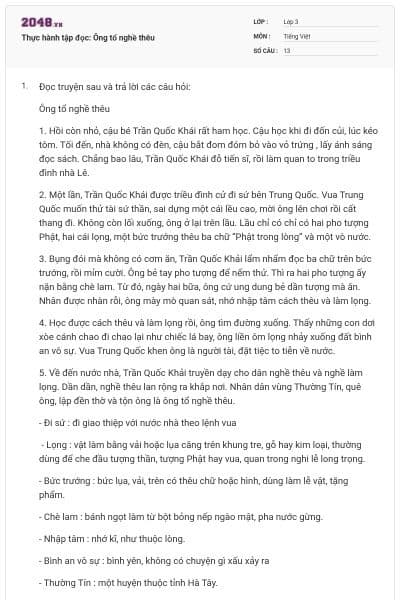 Thực hành tập đọc: Ông tổ nghề thêu