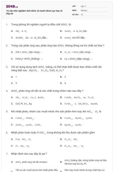 16 câu trắc nghiệm Axit nitric và muối nitrat cực hay có đáp án