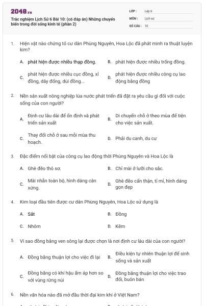 Trắc nghiệm Lịch Sử 6 Bài 10: (có đáp án) Những chuyển biến trong đời sống kinh tế (phần 2)