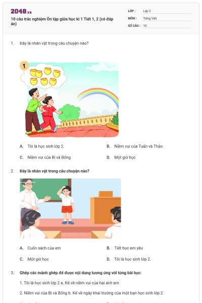 10 câu trắc nghiệm Ôn tập giữa học kì 1 Tiết 1, 2 (có đáp án)