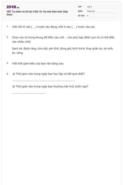 VBT Tự nhiên và Xã hội 3 Bài 16: Vệ sinh thần kinh (tiếp theo)