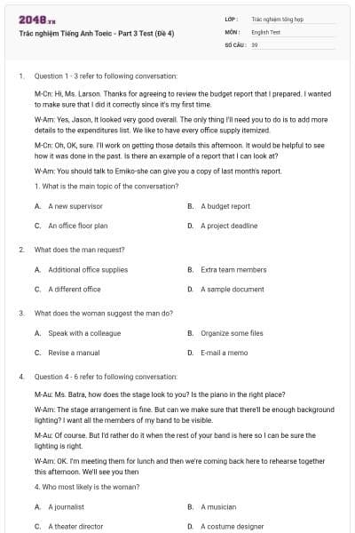 Trắc nghiệm Tiếng Anh Toeic - Part 3 Test (Đề 4)