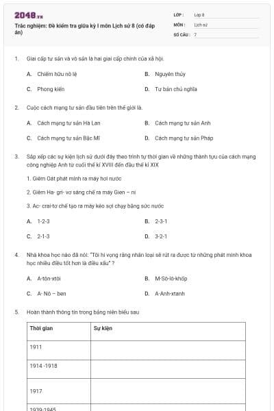 Trắc nghiệm: Đề kiểm tra giữa kỳ I môn Lịch sử 8 (có đáp án)