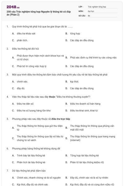 200 câu Trắc nghiệm tổng hợp Nguyên lý thống kê có đáp án (Phần 2)
