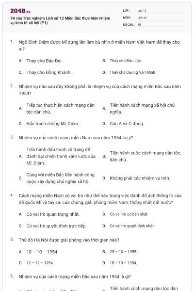 84 câu Trắc nghiệm Lịch sử 12 Miền Bắc thực hiện nhiệm vụ kinh tế-xã hội (P1)