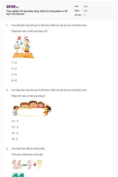 Trắc nghiệm Ôn tập phép cộng, phép trừ trong phạm vi 20 lớp 2 (có đáp án)