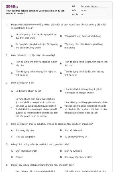 100+ câu trắc nghiệm tổng hợp Quản trị điểm đến du lịch có đáp án - Phần 2