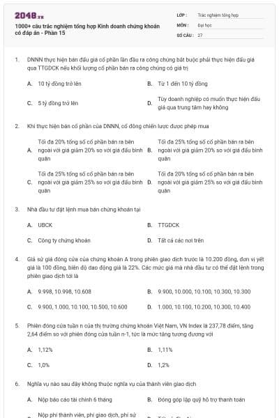 1000+ câu trắc nghiệm tổng hợp Kinh doanh chứng khoán có đáp án - Phần 15