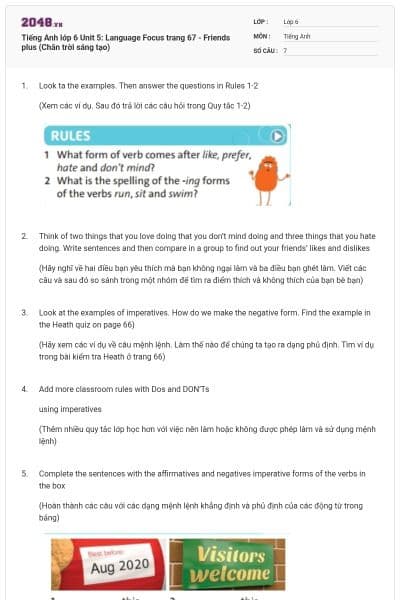 Tiếng Anh lớp 6 Unit 5: Language Focus trang 67 - Friends plus (Chân trời sáng tạo)