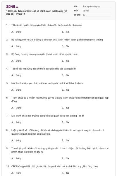 1000+ câu Trắc nghiệm Luật và chính sách môi trường (có đáp án) - Phần 14