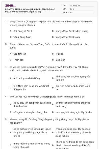 BỘ ĐỀ THI THPT QUỐC GIA CHUẨN CẤU TRÚC BỘ GIÁO DỤC & ĐÀO TẠO MÔN ĐỊA LÍ (ĐỀ SỐ 21)